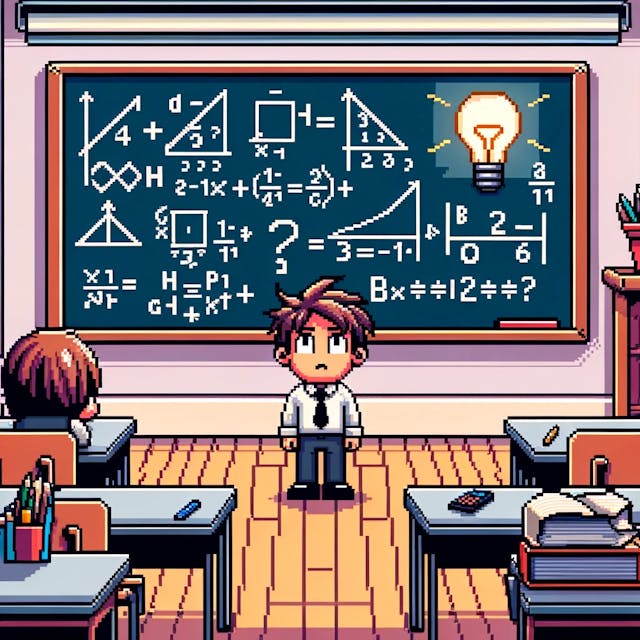 8-bit style image depicting a student's journey from confusion to mastery in learning mathematics, presented in a pixel art format reminiscent of classic video games.