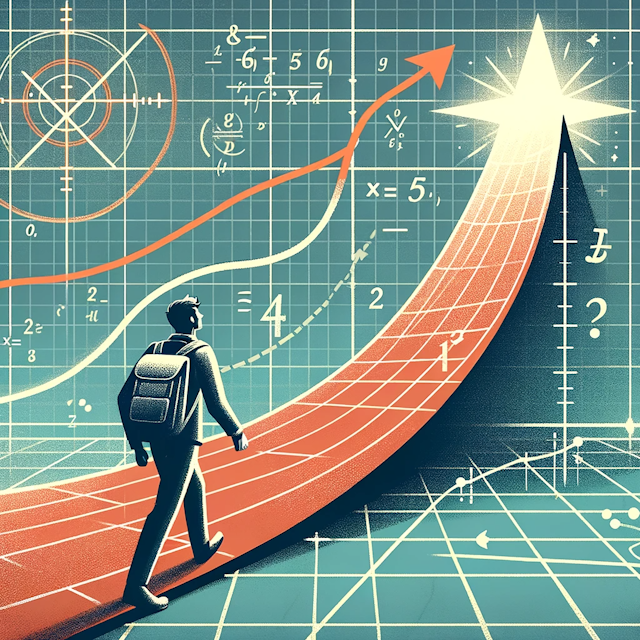 A mathematical illustration shows a person on an upward curving graph path, approaching a bright symbol at the top, symbolizing success. The cheerful figure, carrying a backpack, walks on a grid with axes and coordinates, with subtle mathematical symbols in the background.