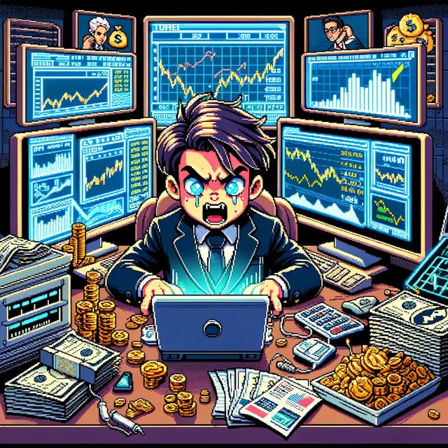 8-bit image of a dedicated rich kid focused on strategic investments, displaying hard work and determination.